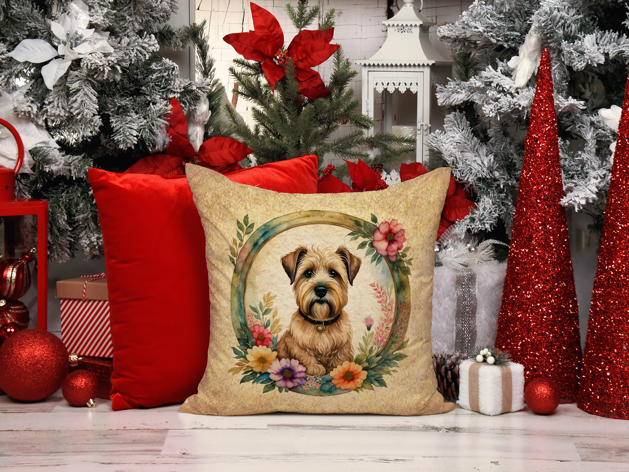 Wheaten Terrier and Flowers Fabric Decorative Pillow 14 in x 14 in