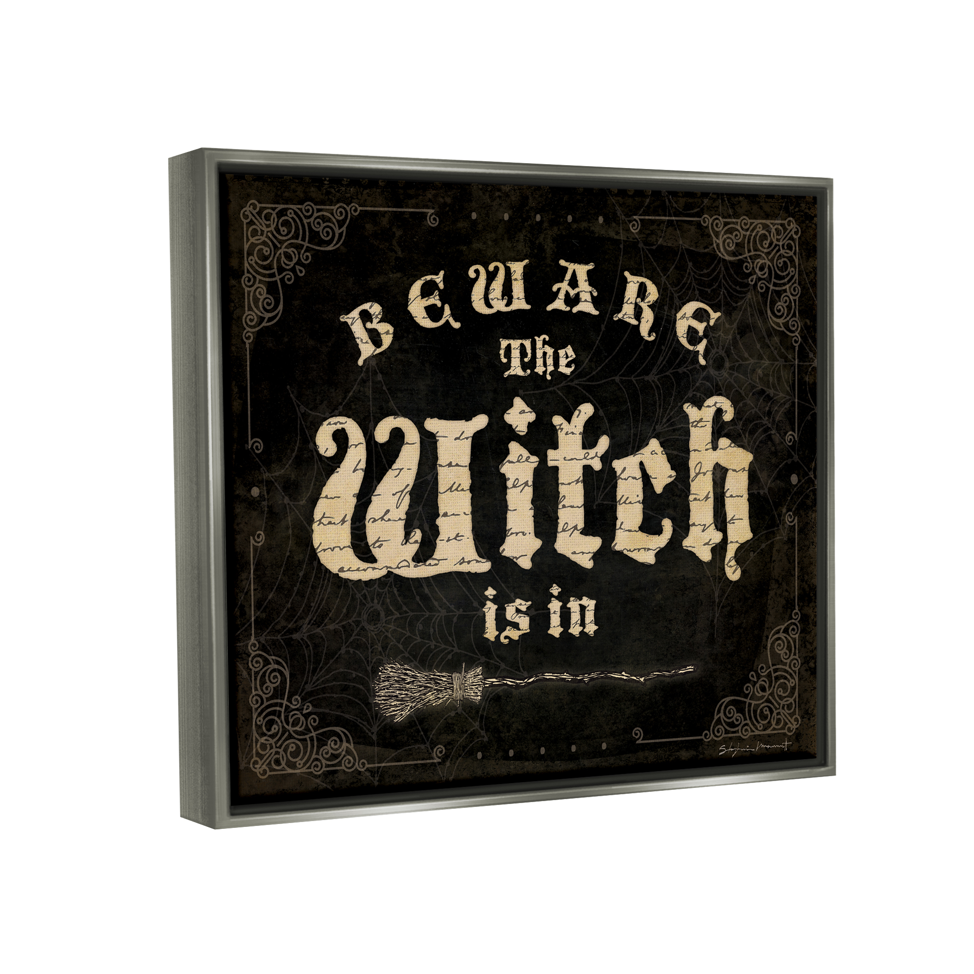 Stupell Industries Beware The Witch Vintage Phrase Holiday Painting Gray Floater Framed Art Print Wall Art