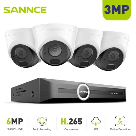 SANNCE PoE Surveillance Security Camera System, H.265  6MP 8CH NVR, 4X3MP Wired Conch Security IP Cams, AI Human/Vehicle Detection, Built-in Mic, 100Ft Color Night Vision, IP67, 0TB HDD, Security Kit