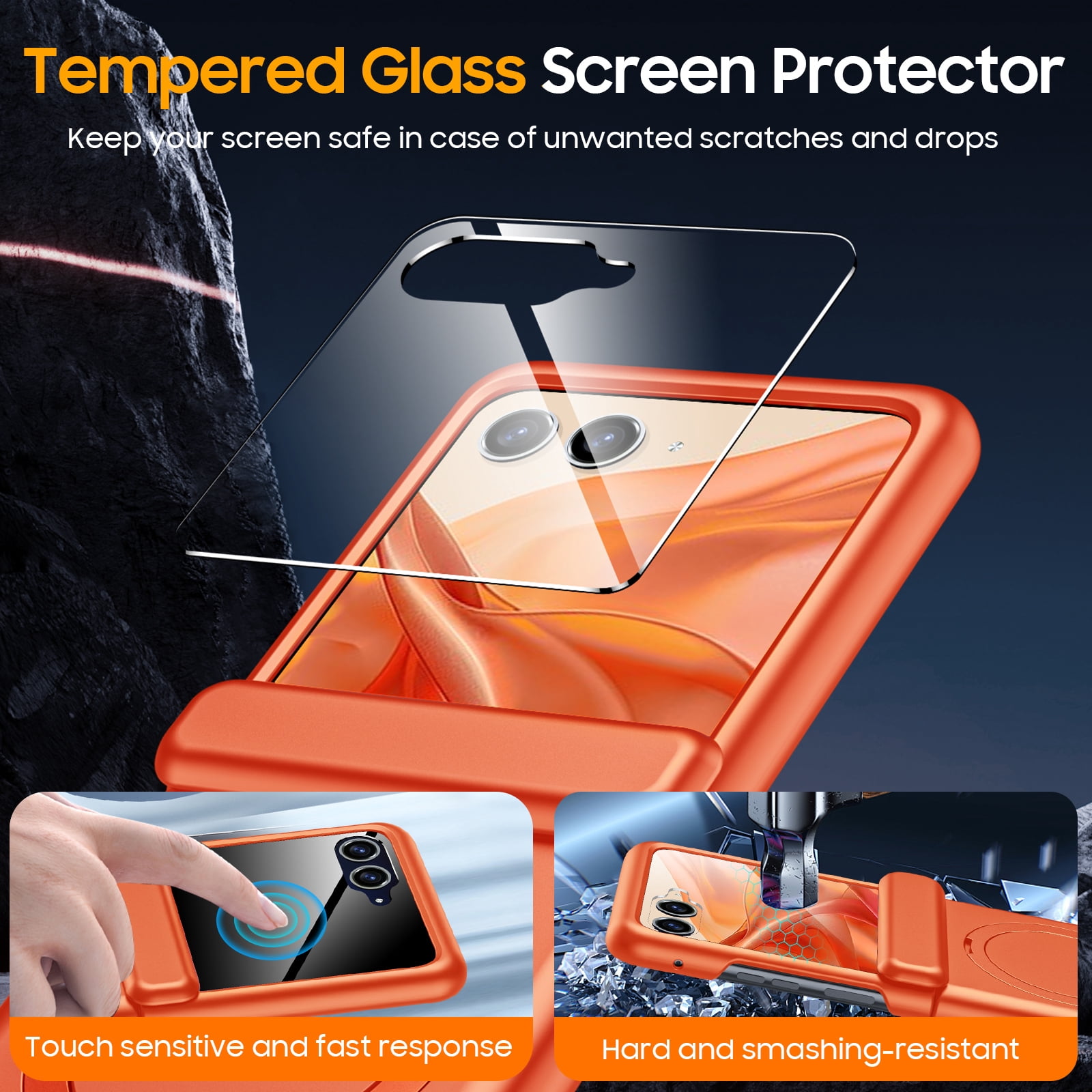 Oupeigar For Motorola Razr 2026/2025/2024 Phone Case,Built-in Screen Protector,Magnetic Ring Stand,Ultra-Thin Full-Body Shockproof Rugged Case-Orange
