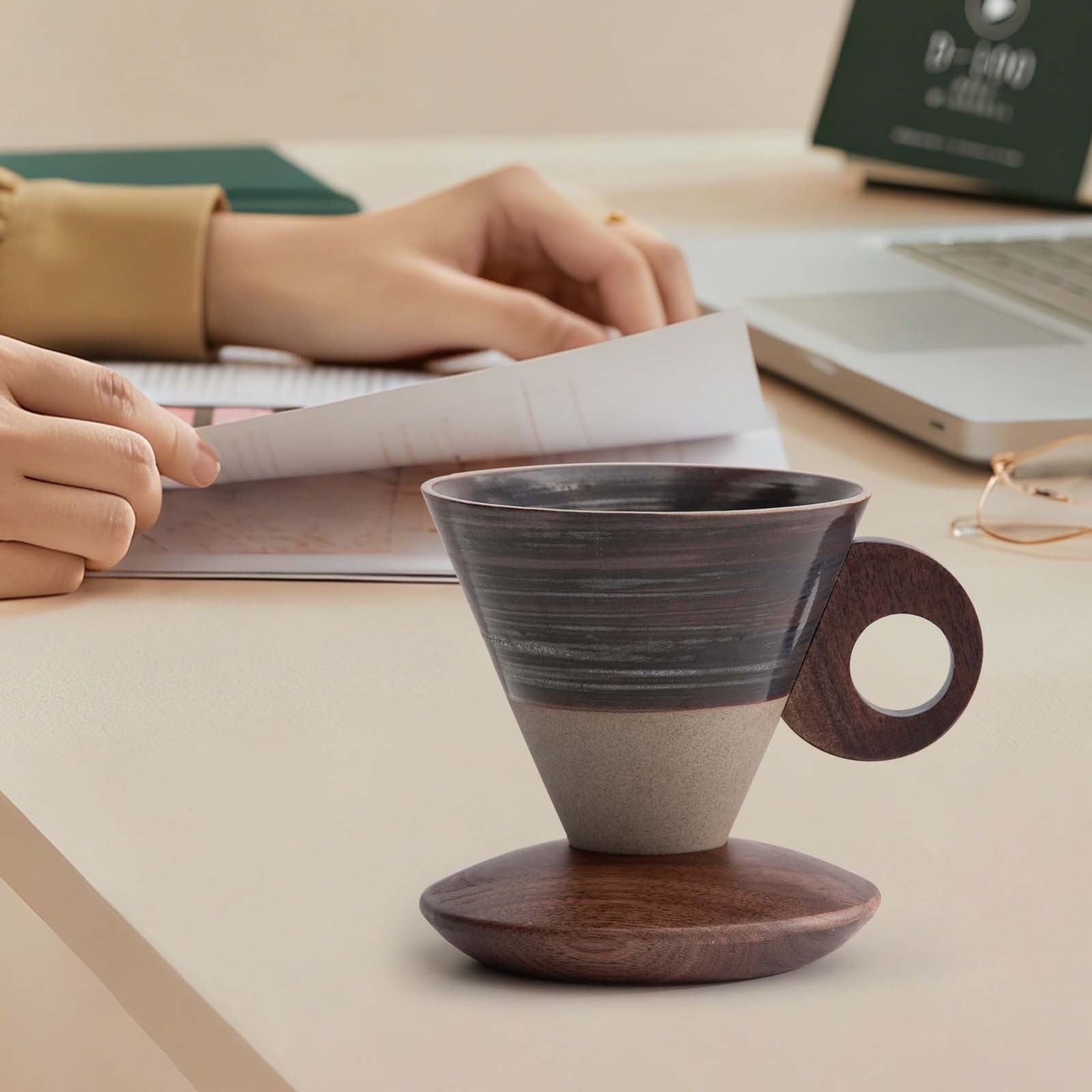 Elegant Conical Ceramic Coffee Cup with Solid Wood Base, Vintage Coarse Pottery Funnel-Shaped Mug for Home, Handcrafted Heat-Resistant Tea Coffee Cup, Pour-Over Espresso Brewing Mug, 200ml