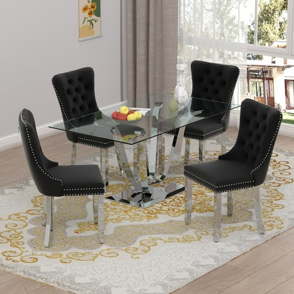 Sumdeal 70" Luxury Glass Dining Table Room Set for 4,Modern Rectangle Dining Room Table with 4 Velvet Black Dining Chairs with Silver Leg