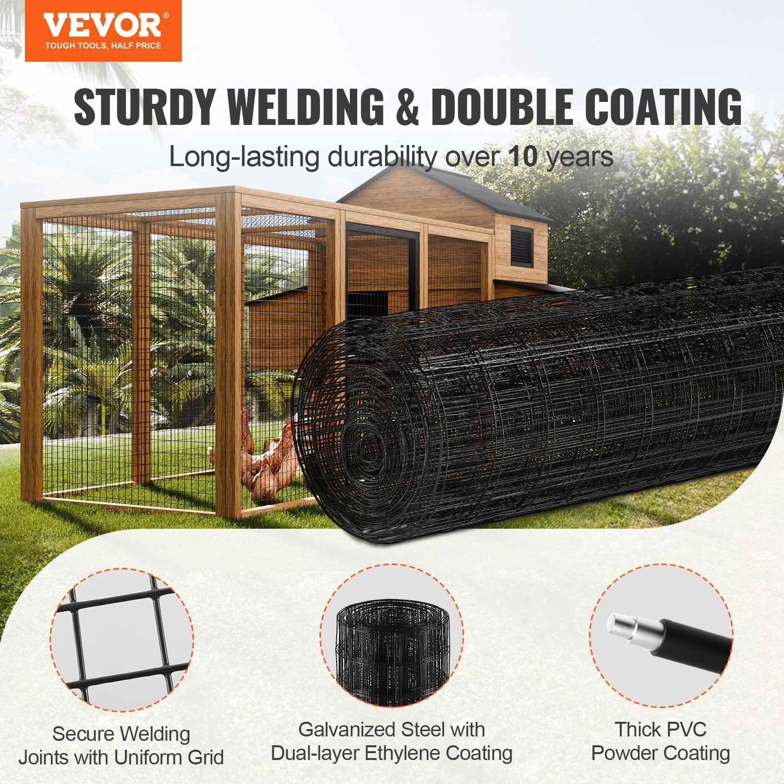 KFFKFF Galvanized Hardware Cloth, 24''x50' Roll, 16 Gauge, Vinyl-Coated Metal Mesh for Chicken Coops, Rabbit & Snake Fencing, Poultry Enclosures