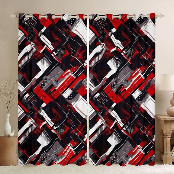 Homewish Abstract Plaid Black Out Curtains For Children Teens,Geometric Grid Stripes Curtains Pack of 2 (42x63 Each),Vintage Aesthetic Bedroom Curtains,Ultra Soft Home Decor