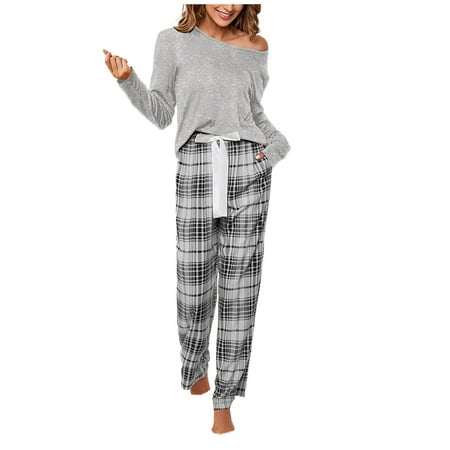 

Plaid Pajamas for Women Soft Comfy Loungewear Relaxed-Fit Long Sleeve Crewneck Tee Shirts Straight Wide Leg Pants Pj Set