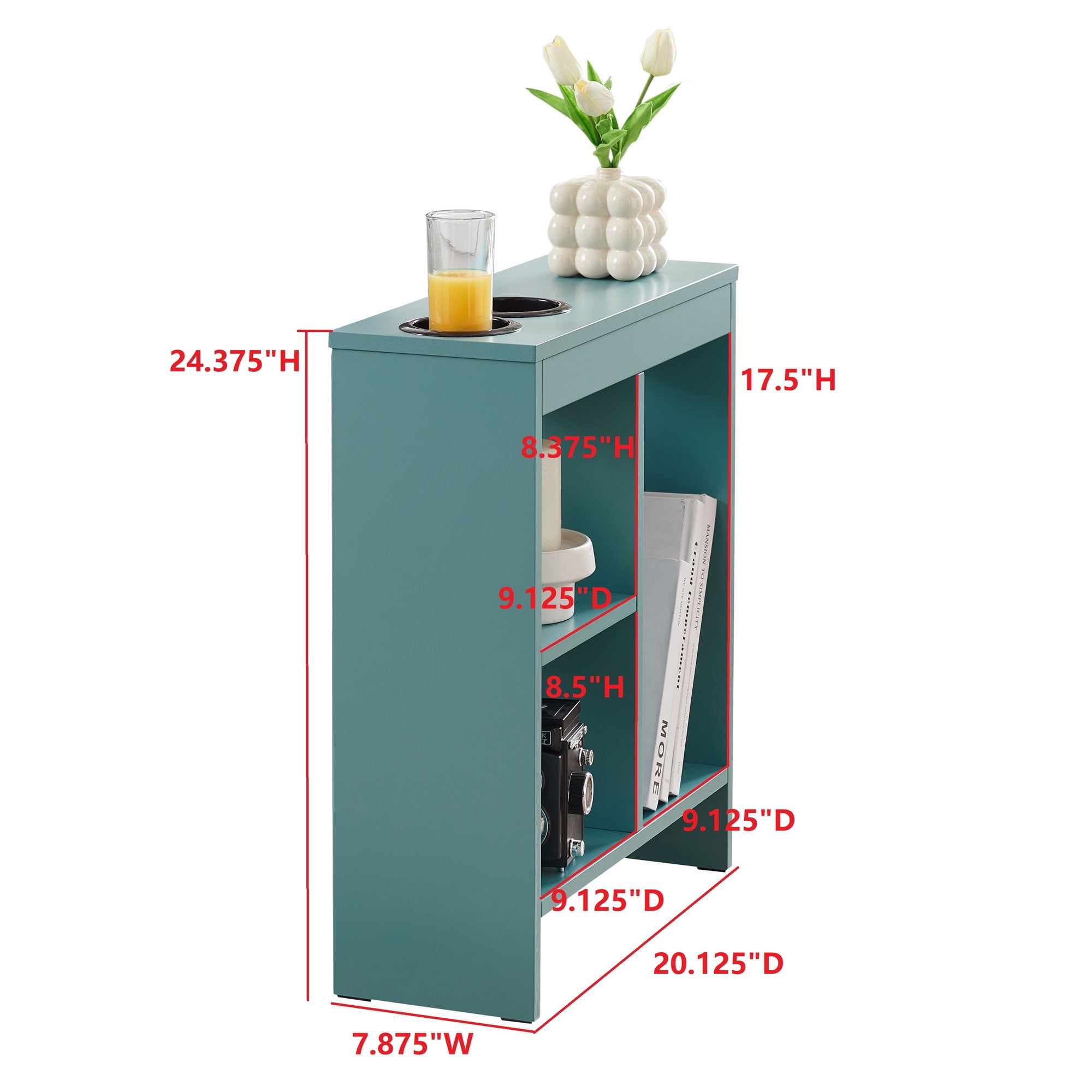 Kings Brand Furniture Slim Wood Side Table with Drink Holders and 3 Open Shelves, Teal