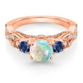 thumbnail image 2 of Gem Stone King 18K Rose Gold Plated Silver White Simulated Opal Blue Created Sapphire and White Moissanite Engagement Ring for Women (0.85 Ct, Gemstone October Birthstone, Round 6MM and 3MM, Size 5), 2 of 4