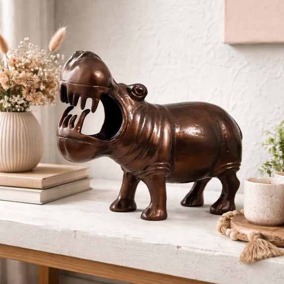 Decorative Happy Hippo Aluminum Figurine with Copper Antique Finish, 14x7x11.5" | Unique Animal Sculpture