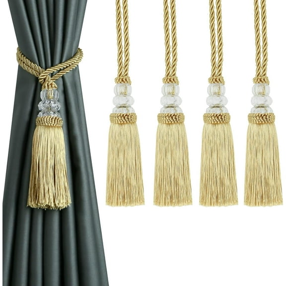 BEL AVENIR Tassel Curtain Tieback 4 Pack Crystal Bead Gold Buckle Rope