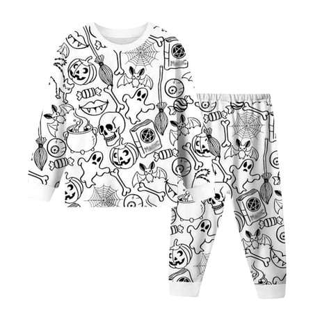 Gunia Kids Halloween Pajama Set Painted Coloring Design 2 Piece Long Sleeve Tops And Pants Round Neck Diy Print Black White Stripe Pjs Jammies White 7-8 Years