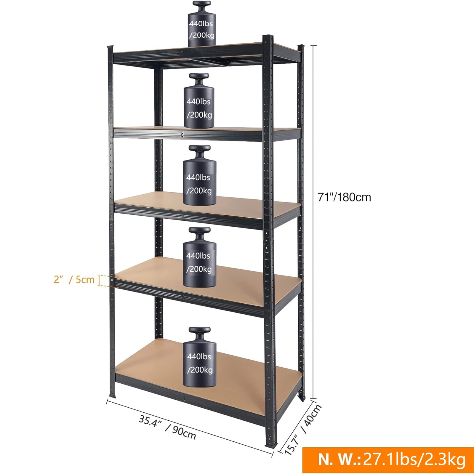 PORKISS Heavy Duty Storage Shelves 5-Tier Adjustable Garage Shelves for Storage 2200LBS, Commercial Industrial Shelving Units for Garage Pantry Kitchen, Black