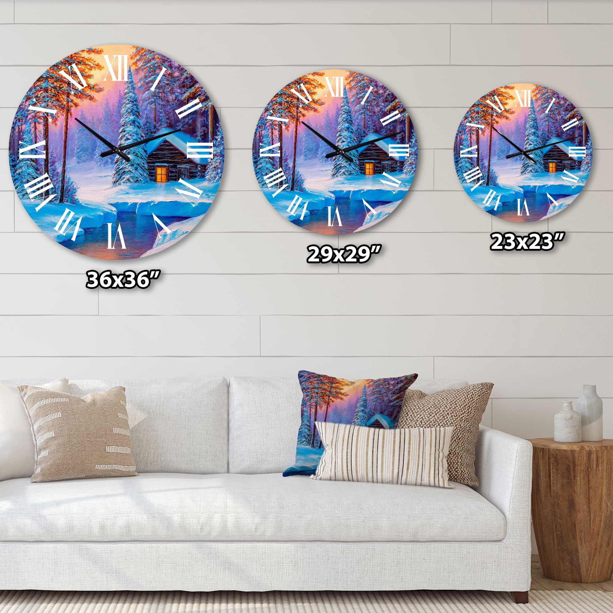 Designart 'Old Cabin In Winter Forest I' Traditional Wall Clock