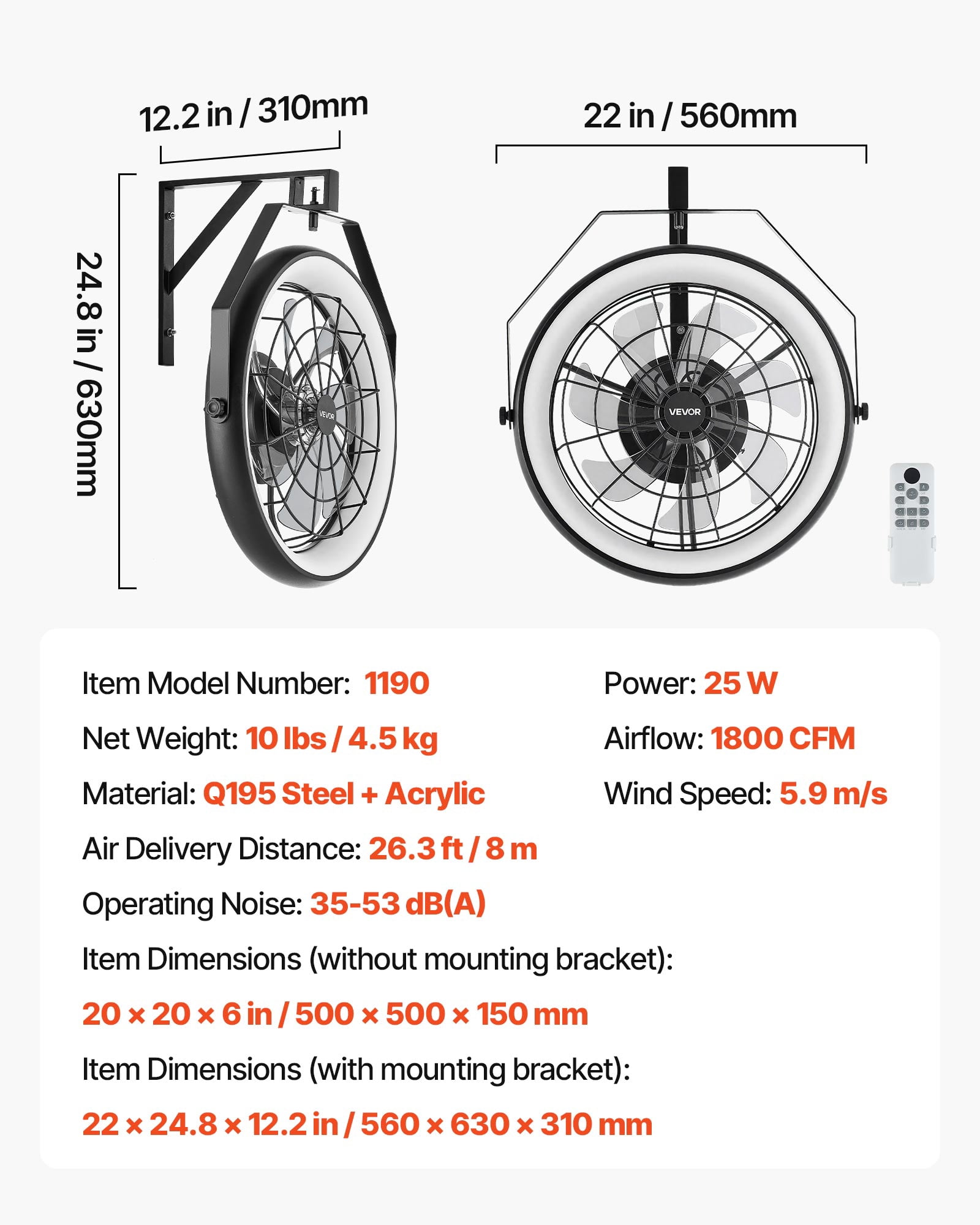 VEVOR Wall Mounted Fan with Lights, 22 inch Wall Mount Fan with Remote, 6 Speeds Plug in Wall Fan, Reversible, Dimmable 3-color Lighting, Timer, 360°Adjustable Tilt for Workshop, Patio, Home