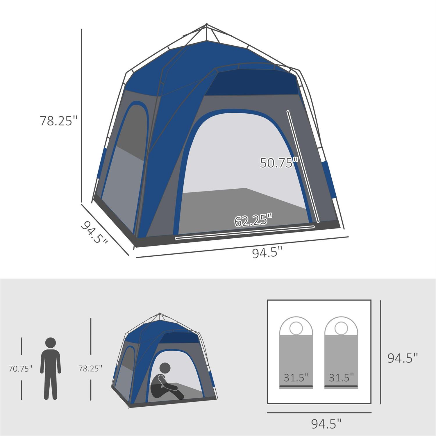 Demi Bonn 4-Person Pop Up Camping Tent, Automatic Hydraulic Quick Setup Family Travel Tent with Windows, Doors & Carry Bag, Blue