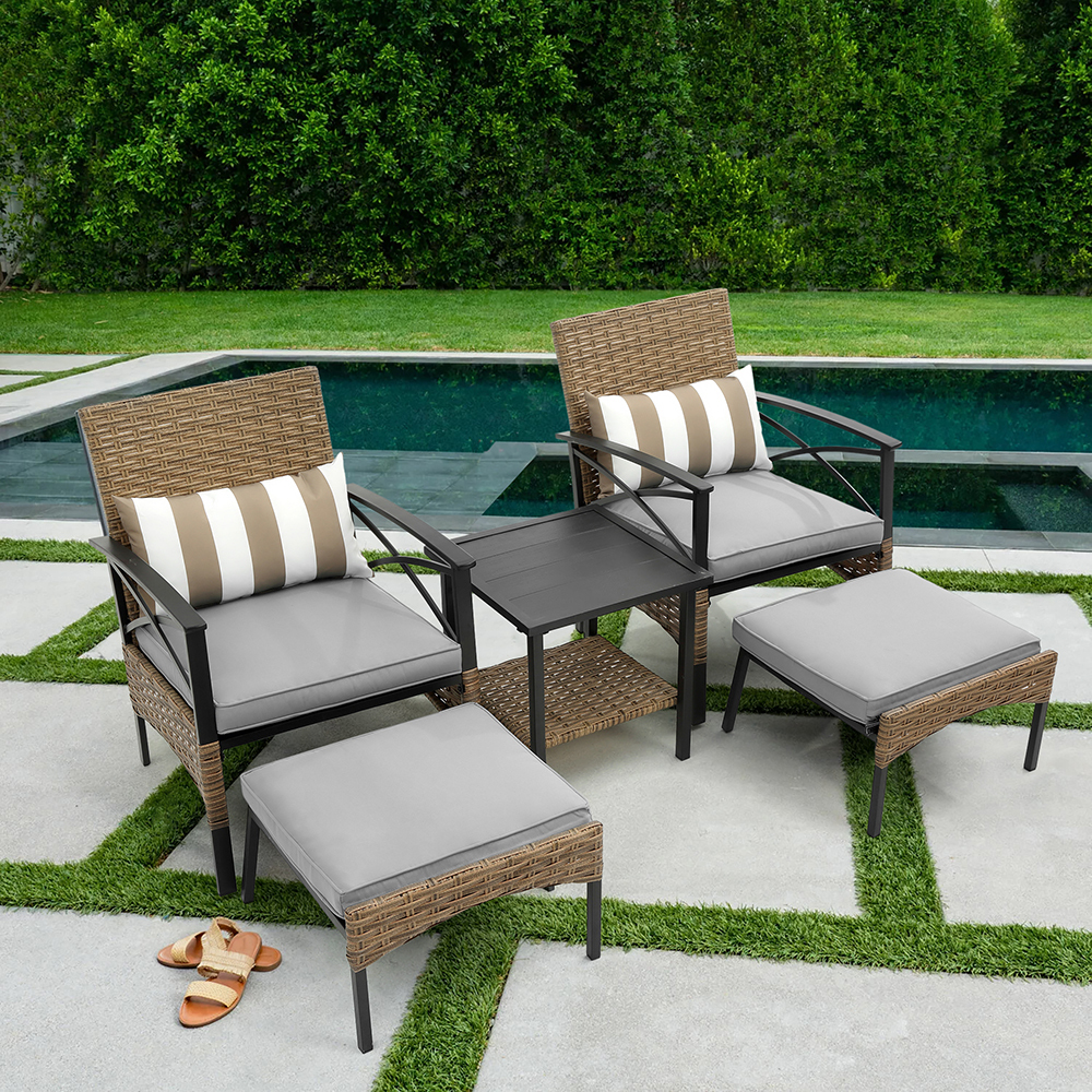 Outdoor Wicker Furniture Sets, 5 Piece Patio Furniture Lounge Chair Set with 2 Cushioned Chairs, 2 Ottomans, Wicker Table, PE Rattan Outdoor Wicker Bistro Conversation Set for Backyard, Porch, Garden - image 1 of 9
