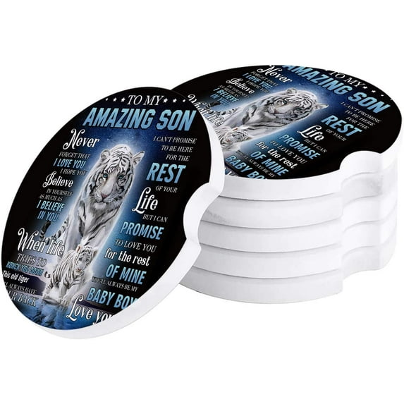 FMSHPON Gift for Son Text White Tiger Set of 4 Car Coaster for Drinks, Absorbent Ceramic Stone Coasters Cup Mat with Cork Base for Home Kitchen Room Coffee Table Bar Decor