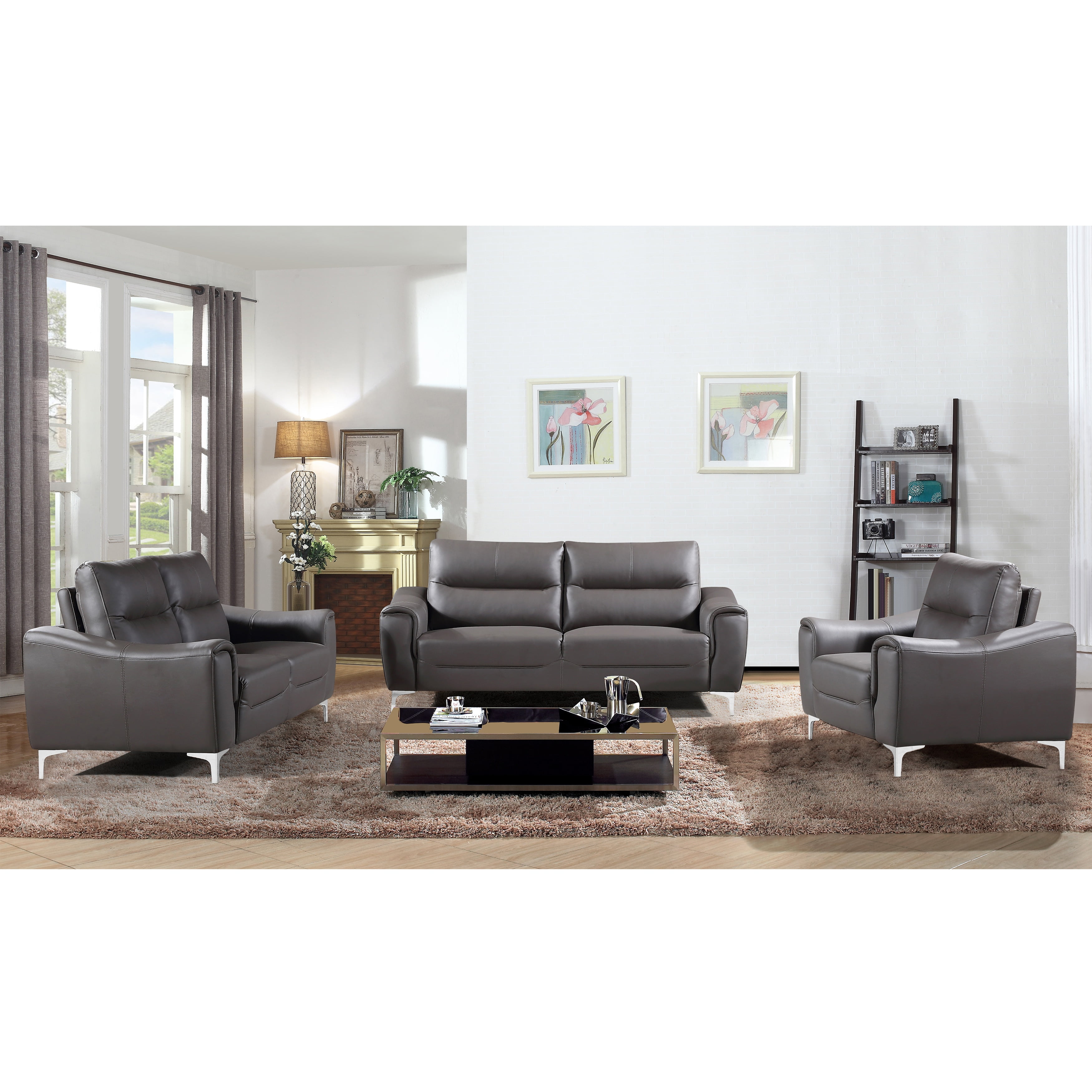 AC Pacific Rachel Collection Modern Style Grey Leather Complete 3 Piece Living Room Sofa Set Walmartcom Walmartcom