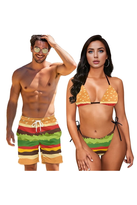Matching Swimsuits for Couples Two Piece Bikini Sets Summer Beach Vacation Burger Layered Print Swimwear y2k Spaghetti Strap Triangle Tie Side Bathing Suits Tropical for Women