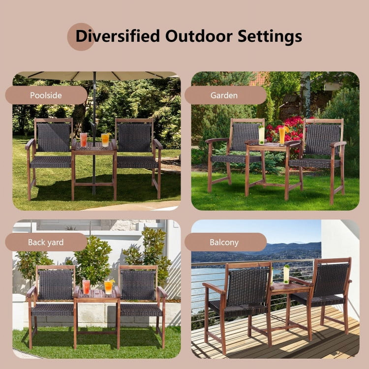 Aimee Lii 2-Seat Patio Rattan Acacia Wood Chair with Coffee Table, Modern Patio Furniture Aimee Lii 2-Seat Patio Rattan Acacia Wood Chair with Coffee Table, Modern Patio Furniture