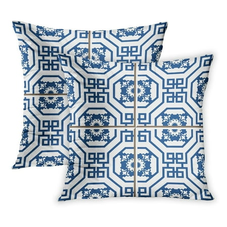Le Click Tile Spiral - ECCOT Interior Vintage Wall Tiles of Blue Octagon Spiral Flower Patterns Fills White PillowCase Pillow Cover 16x16 inch Set of 2