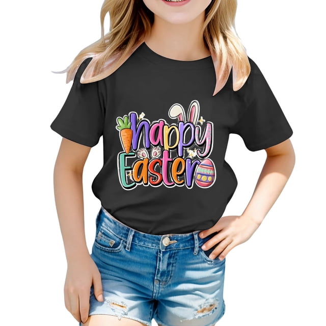 MIASHUI T-Shirt à Manches Courtes Imprimé Graphique de Pâques pour Filles Garçon, Noir, 2-3 Ans