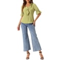 thumbnail image 2 of Blusa de chiffon semitransparente con volantes en el cuello en V y mangas de globo para mujer INSPIRE CHIC, color verde oliva, 2 of 6