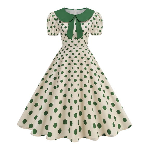 Karymi Summer Dresses for Women Retro Polka Dot Swing Midi Dress, Peter Pan Collar Bow Puff Short Sleeve Back Zipper Vintage Hepburn Party Sundress Spring Dresses for Women 2026