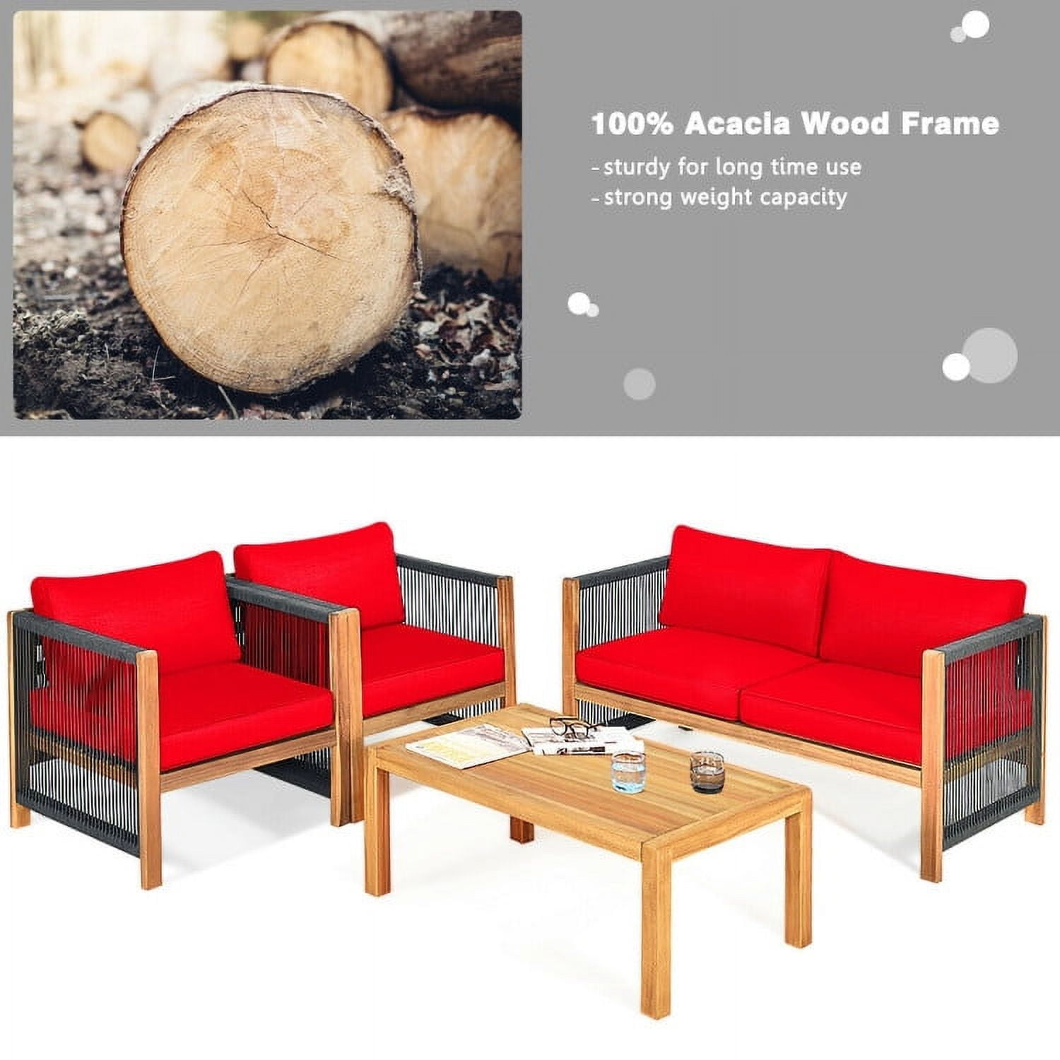 Aimee Lii 4 Pieces Acacia Wood Outdoor Patio Furniture Set with Cushions, Wooden Patio Furniture Set, Red Aimee Lii 4 Pieces Acacia Wood Outdoor Patio Furniture Set with Cushions, Wooden Patio Furniture Set, Red
