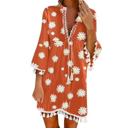 

Sayhi Women S Summer Dresses Casual V Neck Neck Tie 3 4 Sleeve Floral Print Loose Flowy Evening Maternity Gowns