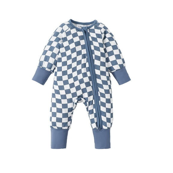 KIMI BEAR Newborn Baby Boys Winter Bodysuits 0-3 Months Warm Clothing Sets Round Neck Long Sleeves Romper Checkboard Print Plaid Jumpsuits Zipper One-piece Overalls Blue