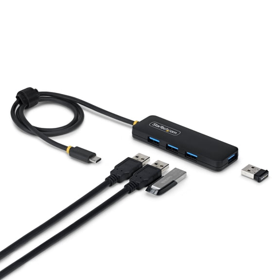 4-Port USB-C Hub, 5Gbps, Bus Powered, USB-C to 4x USB-A Mini Hub, Extra Long 2ft/61cm Host Cable, PCR Plastic