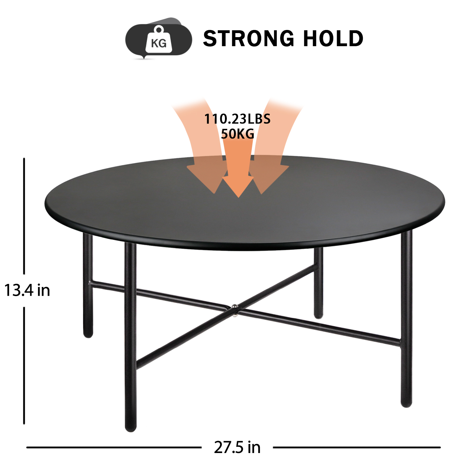 CERBIOR Patio Round Steel Coffee Table, Weather Resistant Anti-Rust and Waterproof Indoor and Outdoor Large Side Table, for Garden Living Room Bedroom Balcony（Black）