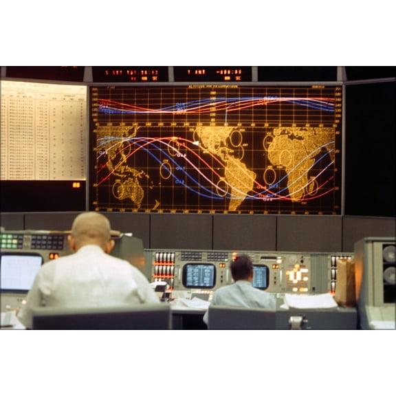 24"x36" Gallery Poster, View of the tracking screen at the front of the Mission Control Center during the Gemini-5 spaceflight 1965