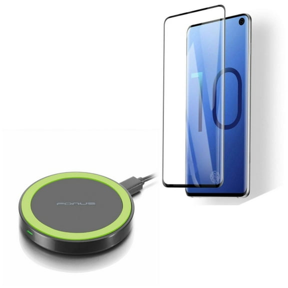 Galaxy S10  Fast Wireless Charger w Tempered Glass Screen Protector - 7.5W and 10W Charging Pad Slim, [Fingerprint Works] 3D Curved Edge Full Cover for Samsung Galaxy S10