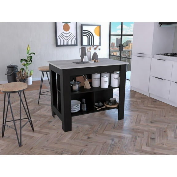 Cala Kitchen Island, Four Legs, Three Shelves Black / Ibiza Marble