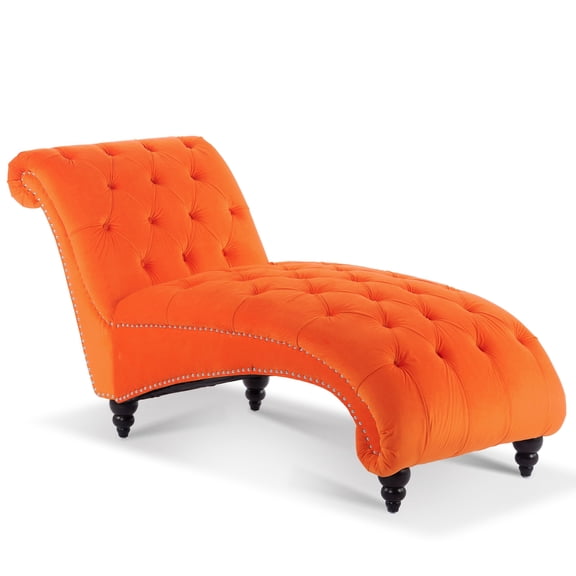 Classic Velvet Button Tufted Chaise Lounge, Armless Recliner Chair Sofa with Nailhead Trim Solid Wood Legs for Living Room Bedroom Office