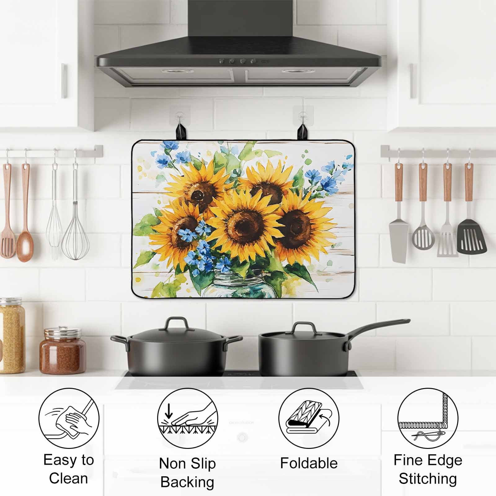 Sunflower Stove Top Cover for Electric Stove, Heat-proof & Non Slip Glass Top Stove Cover Protector, Retro Country Garden Floral Blue Wildflower Kitchen Flat Cooktop Rubber Mat 24x21 Inches
