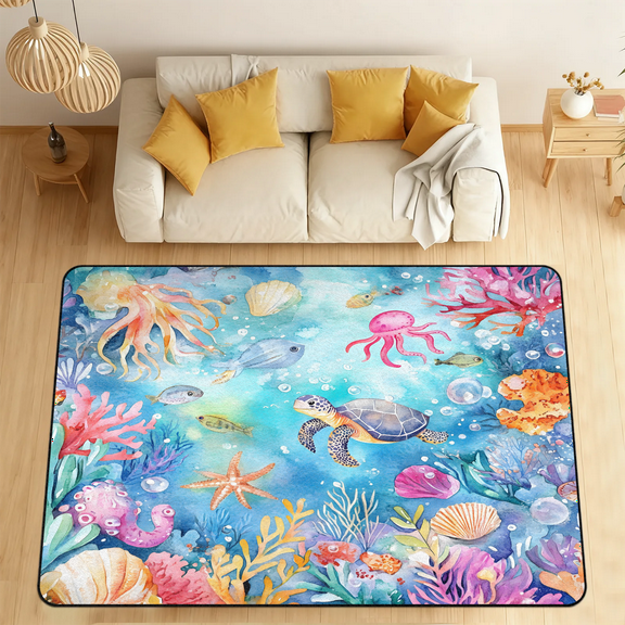 CURLYOOT Lovely Cartoon Sea Animal Area Rugs for Living Room Bedroom, 4' 10" x 6' 8" Washable Rug, Floor Carpet with Non Slip Backing for Dining Room Indoor