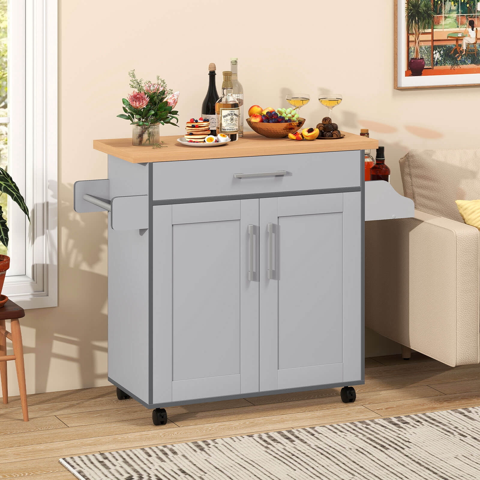 Costway Kitchen Island 44" Rolling Kitchen Cart with Drawer Adjustable Shelf Spice Rack Gray