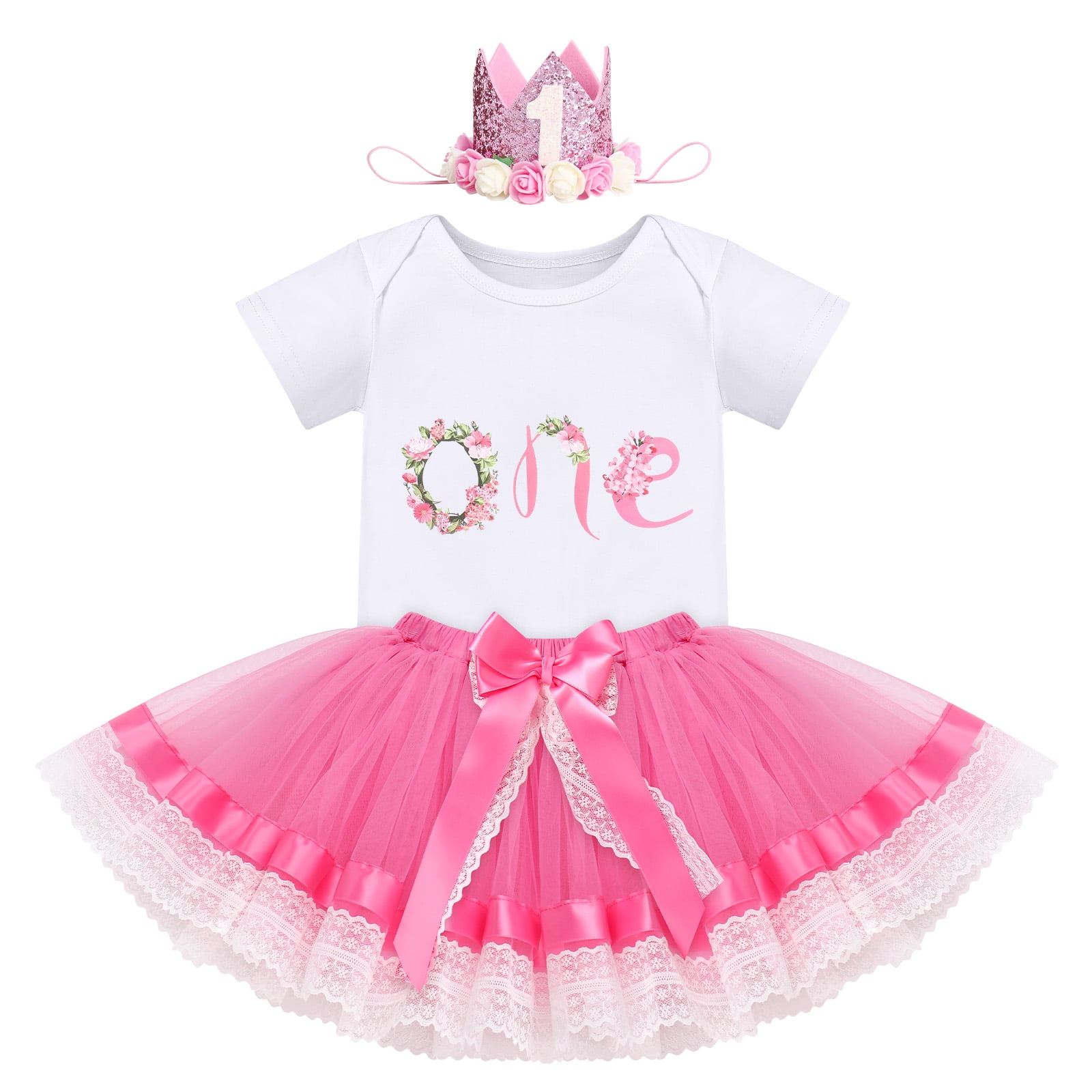 IBTOM CASTLE Infant Baby Girl One Year Old Birthday Outfit Floral Lace Party Cake Smash Romper + Tutu Skirt + Crown Clothes Set for Photo Shoot 1 Year Hot Pink - Lace