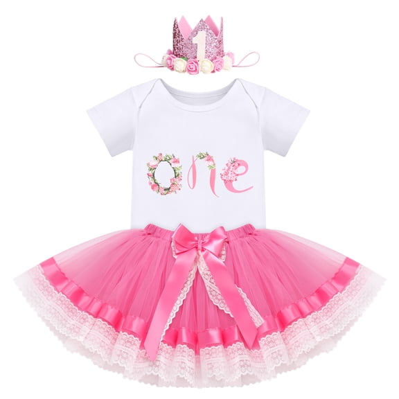 FYMNSI Baby Girl First Birthday Outfit Flower Theme Cotton Short Sleeve Romper Tutu Tulle Skirt Crown Headband 3pcs Set 1Y Hot Pink One