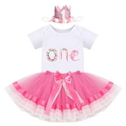 FYMNSI Baby Girl First Birthday Outfit Flower Theme Cotton Short Sleeve Romper Tutu Tulle Skirt Crown Headband 3pcs Set 1Y Hot Pink One