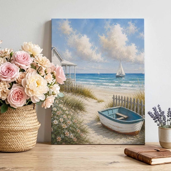 Canvas Wall Art Coastal Boat Canvas Art Print Natural Sand Beach Sailboat Rustic Cottage Ocean Pictures Wall Decor for Living Room Bedroom Artwork Decorations Stretched Framed Ready to Hang 8"x12"