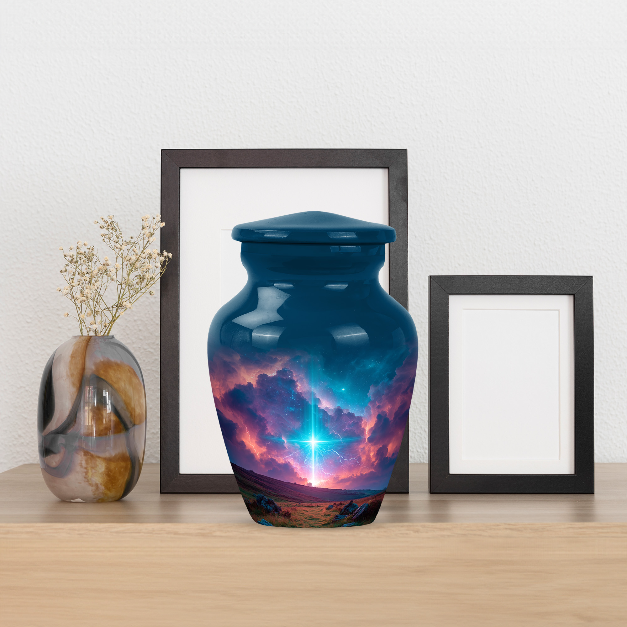 MUKTIVE Cross Small Cremation Urns for Human Ashes Female, Keepsake Navy Blue Urns for Human Ashes Adult Man, Mini Landscape Memorial Urn with Decorative Gift for Mom, 3 Inch