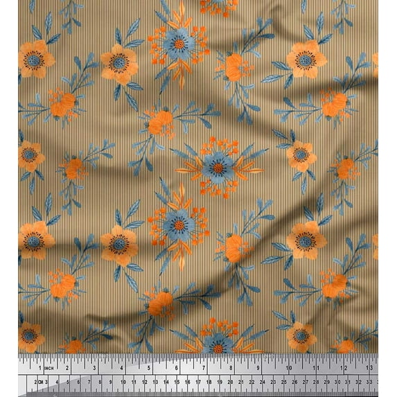 Soimoi Rayon Fabric Stripe,Leaves & Flower Floral Print Fabric by Yard 56 Inch Wide