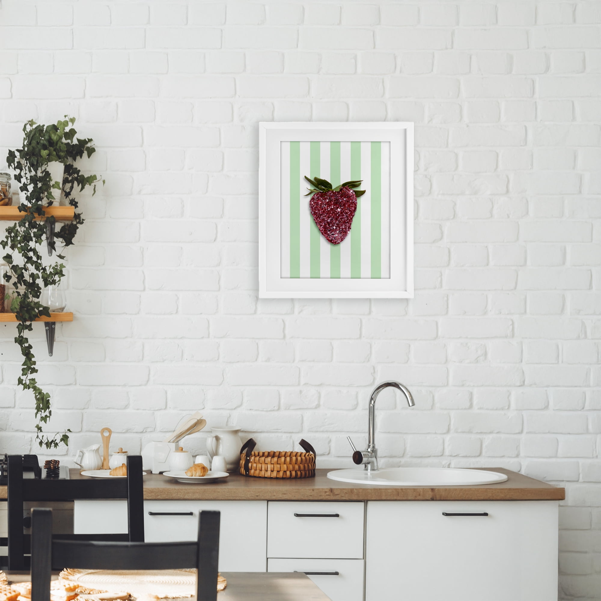Stupell Industries Glimmer Cherry on Green Stripes White Framed Print Under Glass, design by LISH Creative