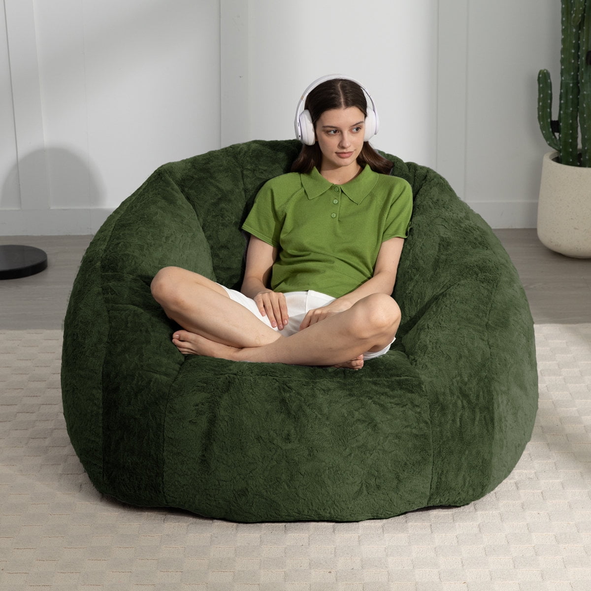 Ebenchico 3.9ft Bean Bag Chair for Adults Teens Kids, Shell Shape Faux Fur Beanbag Chairs, Memory Foam Filled Floor Chair for Reading, Gaming, Relaxing, Green