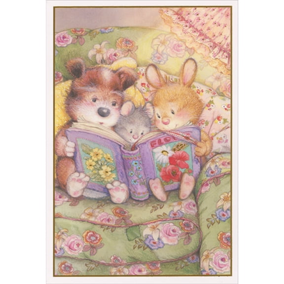 Pictura Bunny Trio Reading Book on Green Floral Chair Birthday Card