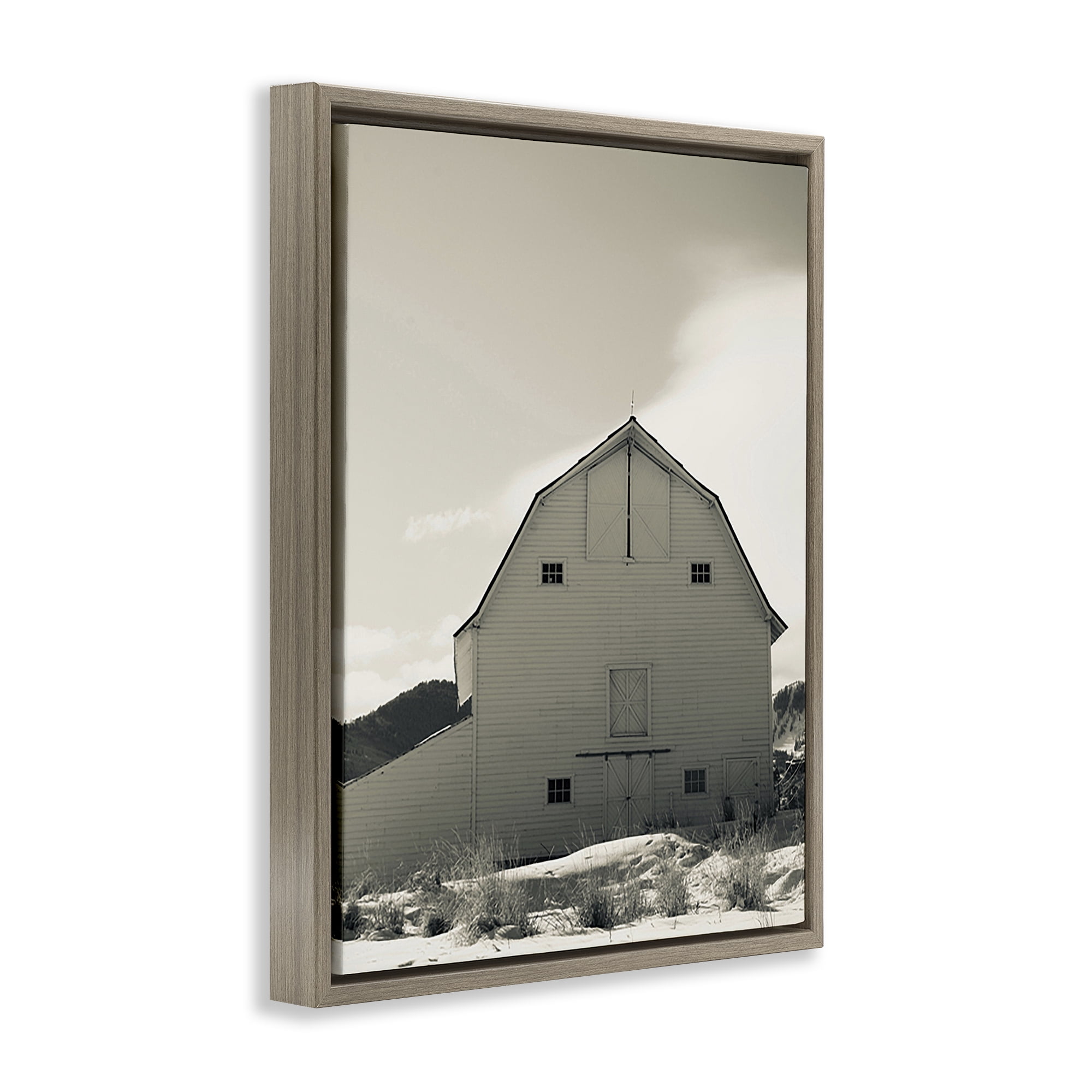 Stupell Industries Monochromatic Winter Barn Nautical & Beach Photography Brown Floater Framed Canvas Art Print Wall Art, 17 x 21