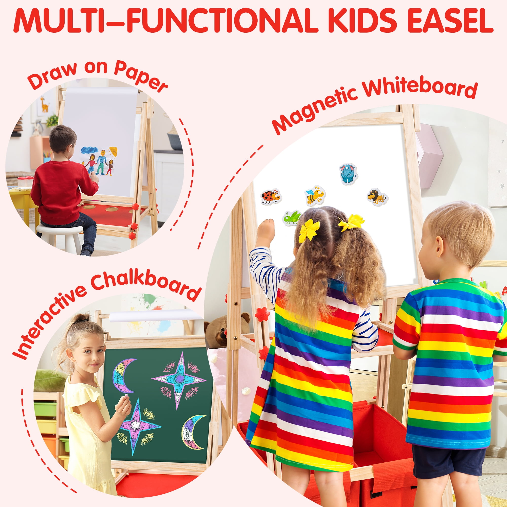 Finenolo All-in-One Art Easel Kids Easels for Kids, Height Adjustable Wooden Art Easel with Paper Roll  for Toddlers 2-4 Years and Magnetic Double Sided Art Easel for Kids Ages 4-8